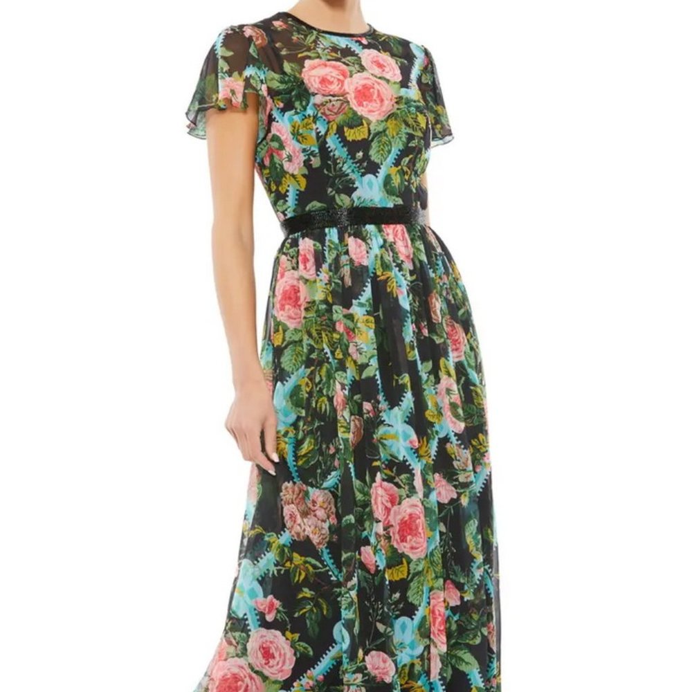 Mac Duggal Black Multi Floral Chiffon Beaded Waist Collar Midi Dress